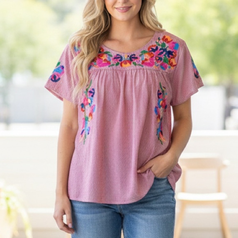 SEE N BE SEEN Red Pinstripe Embroidered Bohemian Festival Cotton Top 1x